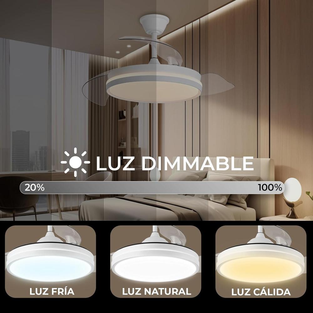 Ventilador de Techo con Luz LED Motor DC Aspas Retráctiles 3 Tonalidades 6 Velocidades
