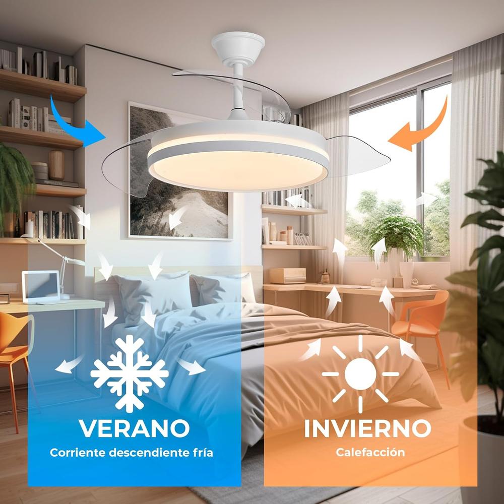 Ventilador de Techo con Luz LED Motor DC Aspas Retráctiles 3 Tonalidades 6 Velocidades